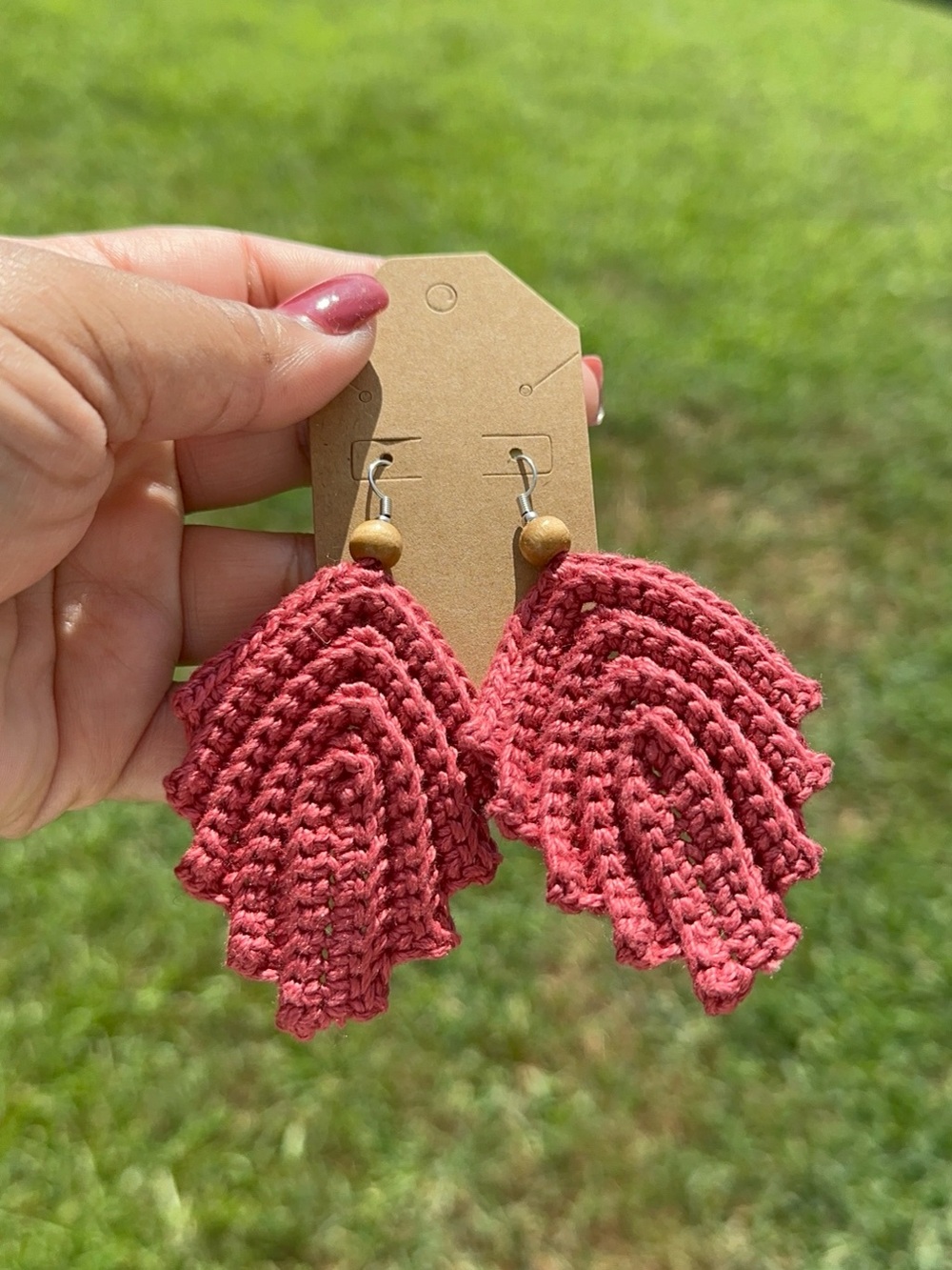 Handmade Crochet Leaf Drop Earrings in terracotta